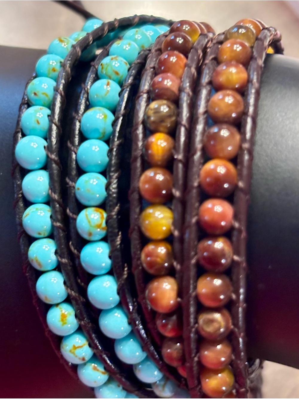 Turquoise & Brown Beaded Wrap Bracelets Gemstone Wrap Bracelets